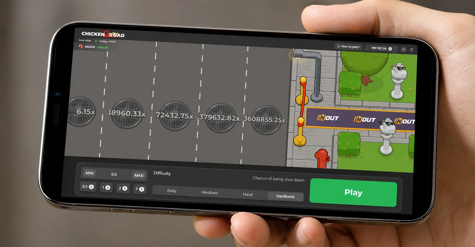 Chicken Road screenshot - chicken on the road with a 3.24x multiplier and cash-out button